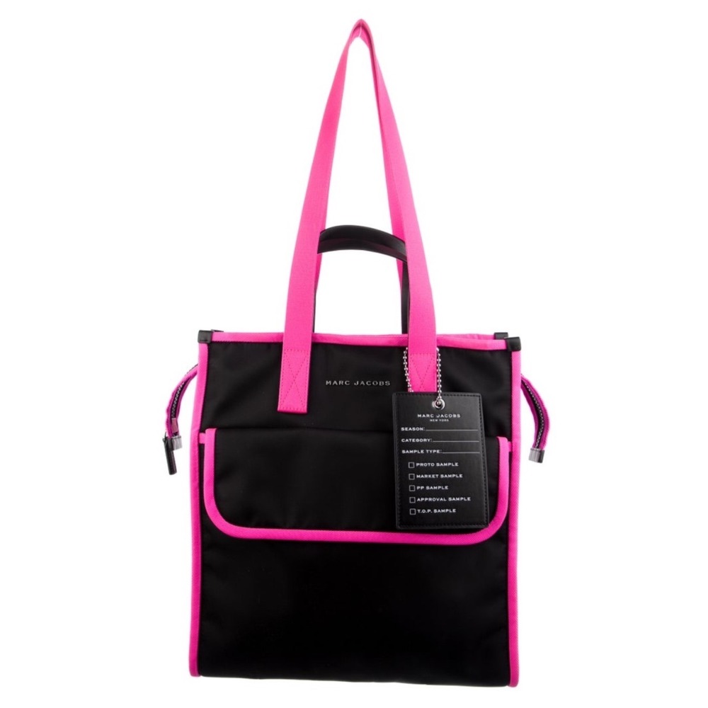 MARC JACOBS Black Nylon Neon Pink Trim Large North South Tote Bag Handbag